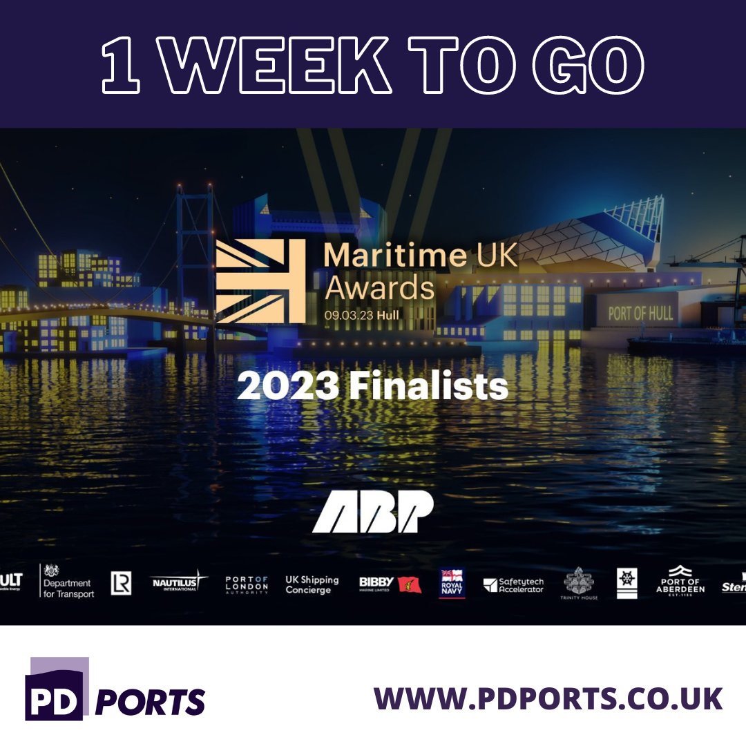 There's just one week to go until the <a href="/MaritimeUK/">Maritime UK</a> Awards! We're looking forward to catching up with colleagues from across the industry at a fantastic evening of celebration in Hull where PD Ports is delighted to be shortlisted for four awards. 🏆🌟🤞

#MaritimeUK #MaritimeAwards