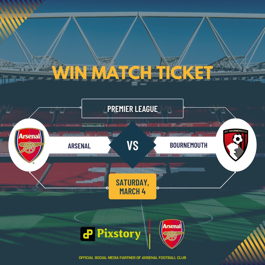 ThePixstoryApp's tweet photo. 🚨 Arsenal vs Bournemouth tickets Giveaway️ 👀

Here's your chance to watch the game live at Emirates Stadium!

To Win: 

❤️ Like &amp; Retweet
➡️ Follow @ThePixstoryApp
📱 Download the Pixstory App

Good luck 🙂 https://t.co/SjAGbbck3v