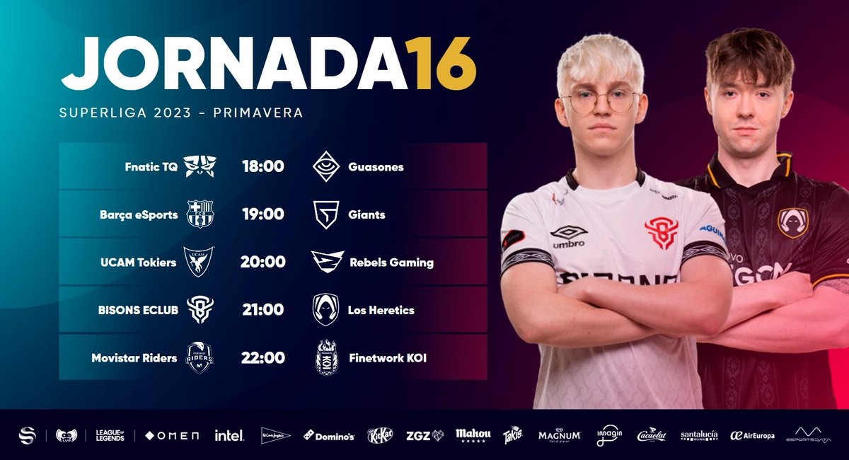¡Cerramos la superweek de la Superliga con estos partidos!

🟣18h - <a href="/FnaticTQ/">Fnatic TQ</a> vs <a href="/Guasones/">Guasones</a>
🟣19h - <a href="/FCBeSports/">Barça eSports</a> vs @GiantsGaming
🟣20h - <a href="/UCAM_esports/">UCAM Esports</a> vs <a href="/RebelsGaming/">Rebels Gaming ♦️</a>
🟣21h - <a href="/BISONSECLUB/">BISONS ECLUB</a> vs <a href="/TeamHeretics/">Team Heretics</a>
🟣22h - <a href="/Movistar_Riders/">Síguenos en @MovistarKOI</a> vs @KOI
 
#Superliga | twitch.tv/lvpes