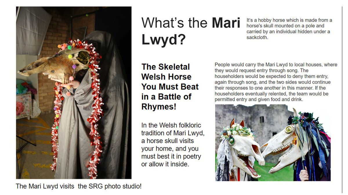 ADT_SRG's tweet photo. If Mari Lwyd Shows Up at Your Door: 
Wel dyma ni’n dwad (Well here we come)
Gy-feillion di-niwad (Innocent friends)
I ofyn am gennad (To ask leave)
I ofyn am gennad (To ask leave)
I ofyn am gennad i ganu (To ask leave to sing)
Year 9 exploring Welsh folk traditions @srgchs https://t.co/CG7UcjYYod