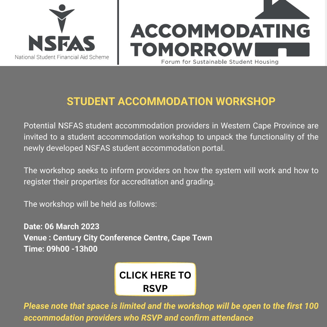 The workshop will be held as follows: 
Date: 06 March 2023
Venue: Century City Conference Centre, Cape Town
Time: 09h00 -13h00
Please click the link below to RSVP your place:
forms.office.com/r/QYHwXiMGb