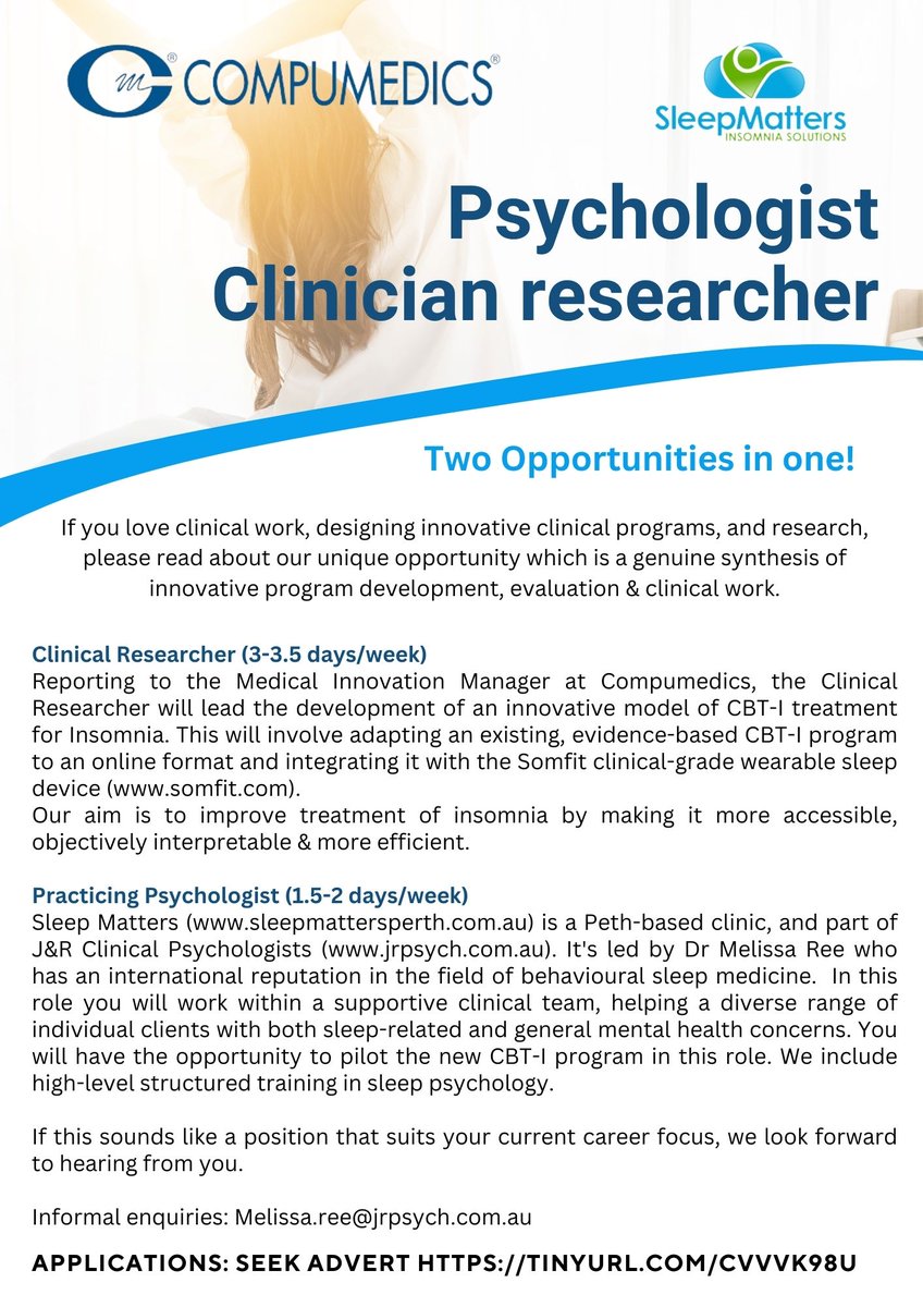 Interested in #CBT-Insomnia? Join us to broaden your skills in a unique role combining innovative program development, evaluation, &amp; clinical practice. See SEEK to apply, &amp; me for informal queries.  #insomnia #psychologist #sleepPeeps tinyurl.com/cvvvk98u