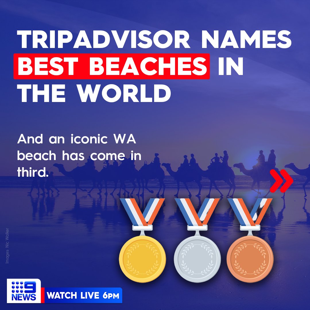 9NewsPerth's tweet photo. Broome’s Cable Beach has been named the third best beach in the world in the 2023 Tripadvisor Awards. 🏖️
The annual Travelers’ Choice Awards is based on the quality and quantity of reviews and ratings from Tripadvisor travellers over the 12-month period. #9News https://t.co/01iV8J3xD8