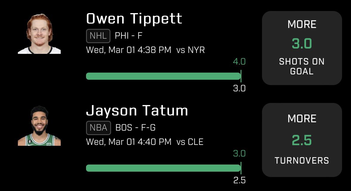EthBetz's tweet photo. 💎 March 1st POTD Recap 💎

Tippett ✅💰
Tatum  ✅💰

BAAANG! What an amazing way to start off the new month! 

After yesterday’s beat down, we bounced right back up, taking today’s POTD! 🤑🤝

Did anyone tail? 👀

#PrizePicks #GamblingTwitter #DFS #Underdogfantasy #NHLPicks #NBA https://t.co/dxqUgCGTj0