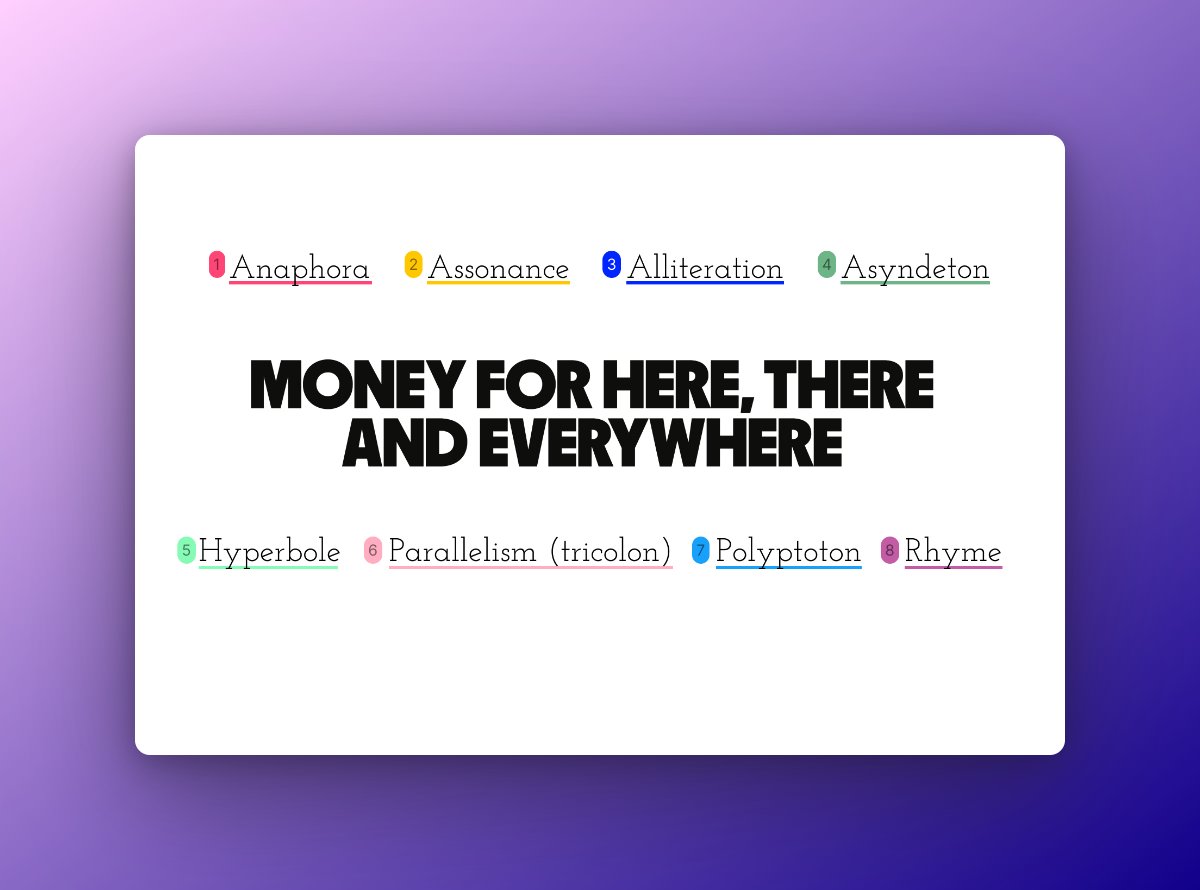 One line. Eight rhetorical devices.

Here is a breakdown of the new headline from Wise

"Money for here, there and everywhere"

🧵 A Thread