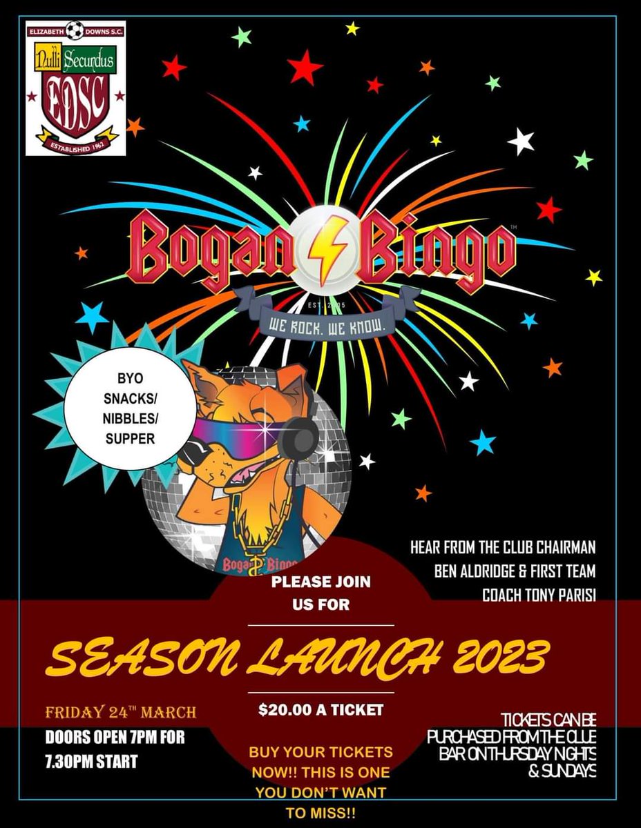 ElizDownsSC's tweet photo. You don't wanna miss a great night tickets available at the bar  From Sunday and Thursday night
#SeasonLaunch2023 #BoganBingo2023EDSC #NulliSecundus #season2023edsc https://t.co/W0jVZmXTeB
