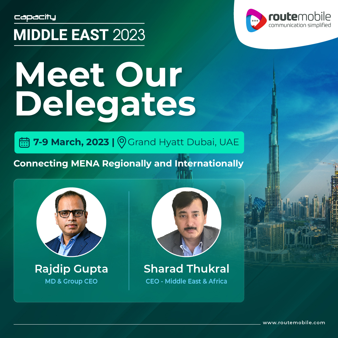routemobile's tweet photo. Join our delegates at #CapacityMiddleEast 2023, the region's largest carrier meeting.
π
7th - 9th Mar 2023
π @grandhyattdxb
#MiddleEast #Dubai #KeepingTheWorldConnected #IndustryEvent #RouteMobile #RouteItRight @capacitymedia https://t.co/uXpH6HUmlp