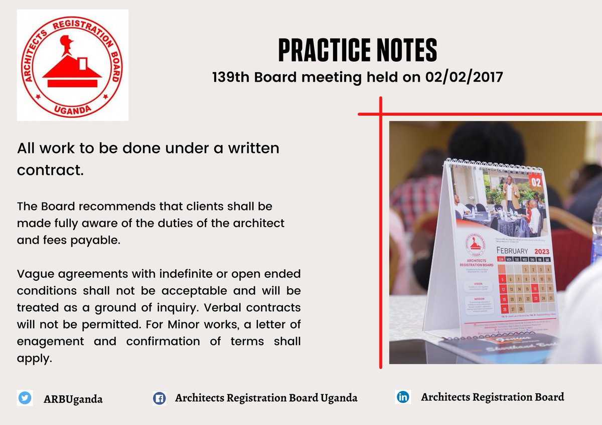 ARBUganda's tweet photo. The Board is empowered by the Architects Registration Act Cap 269 and its bylaws to guide and regulate activities and conduct of registered architects. Once such notes are issued they become part of the Code of Professional Conduct and must be adhered to
#ARBUganda
#PracticeNotes https://t.co/z5y1Ow6Czn