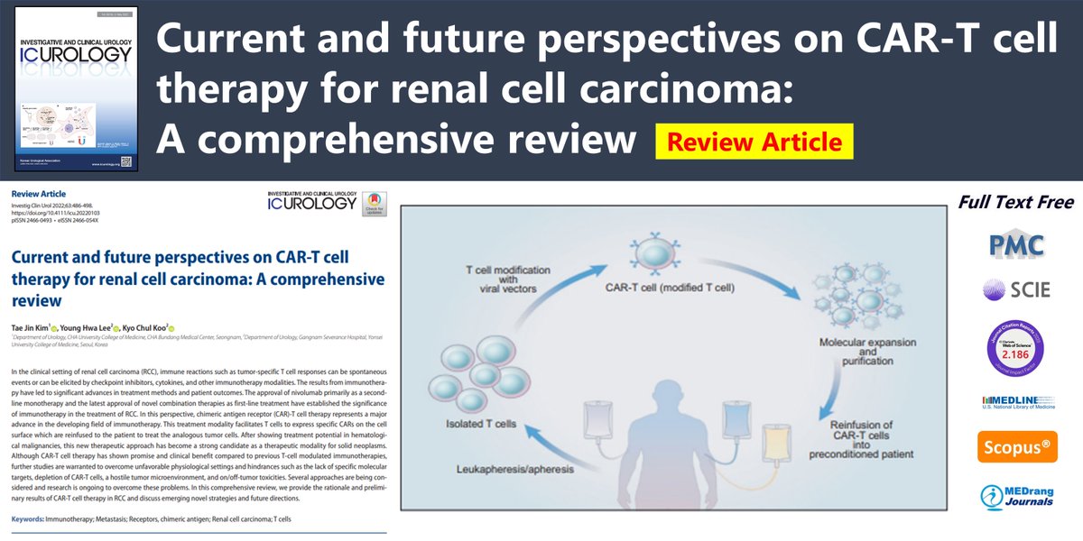icurology's tweet photo. Current and future perspectives on CAR-T cell therapy for renal cell carcinoma: A comprehensive review
open access🌷https://t.co/pF0kpCHw47
Investig Clin Urol. 2022 Sep;63(5)Tae Jin Kim
#Immunotherapy #Metastasis #Receptors #chimeric_antigen #Renal_cell_carcinoma #T_cells https://t.co/hC3xFnh3oc