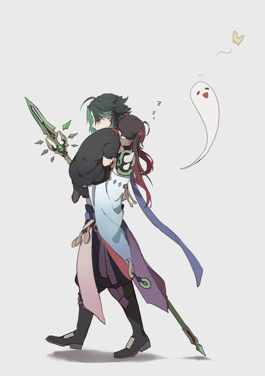 xiao (genshin impact) carrying 1girl ghost weapon 1boy green hair polearm  illustration images