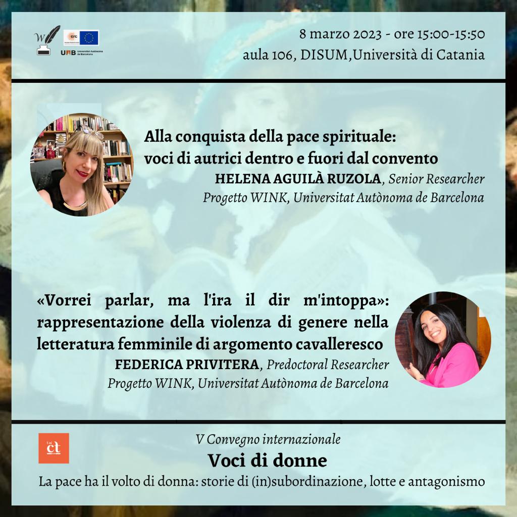 ProjectWink's tweet photo. L'8 marzo la nostra ricercatrice senior @BiancaBrumonti e la nostra ricercatrice predoc @federica_priv partecipano al Convegno internazionale @vocididonne del @DisumUnict
#pace
#Disum
#studidigenere #Peace #genderstudies #WomenWriters https://t.co/jZpKLtxfc7