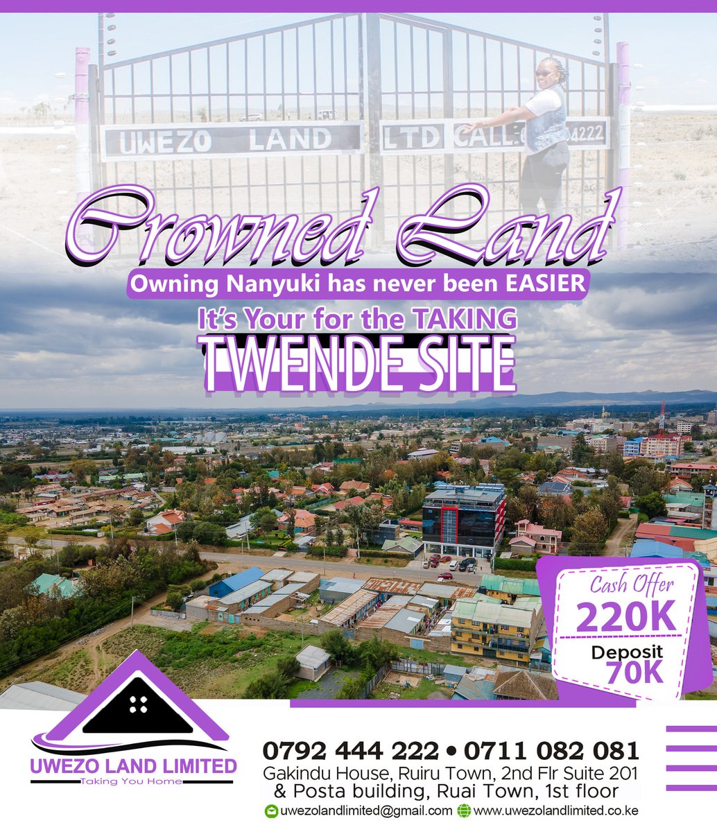 UwezoLand's tweet photo. CROWNED LAND..!
Nanyuki has always been a dreamy place to live and now a possibility to own it and with Uwezo Land Limited offers and opportunity to view before investing is a chance not to miss.
For Booking, Call/WhatsApp 0792 444 222/ 0711 082 081.
Twende Nanyuki
#OwnKenya https://t.co/WxB339sf95