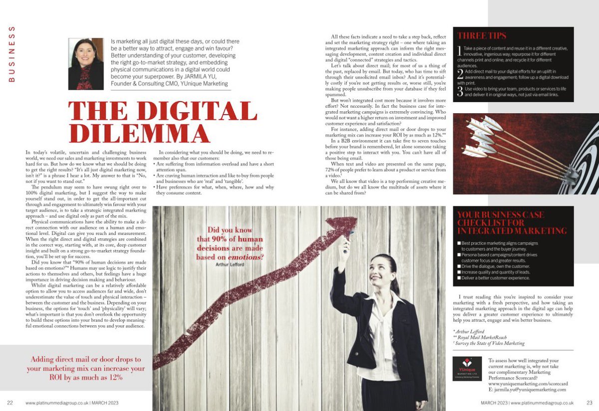 YUnique_Mktg's tweet photo. Back in print! Excited to see our Founder @Jarmila_Yu sharing her direct & digital marketing insights in this month's @PlatBusMag.
To read the article & catch up with more #business news visit Issuu 👉 https://t.co/pItUtdLi1z
#integratedmarketingcampaigns #marketingstrategy #CMO https://t.co/W6OOmGYCaz