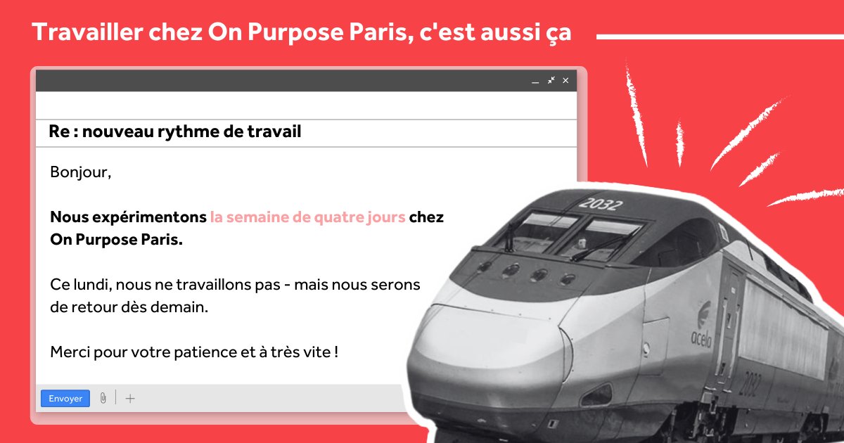 😎 Des week-ends de 3 jours toute l'année ? 

✌️Chez On Purpose, nous testons la semaine de 4 jours et les congés "temps de trajet responsables" pour encourager de voyager en train - avec des résultats positifs pour le moment !

🌈 Partagez-nous vos pratiques RH innovantes !