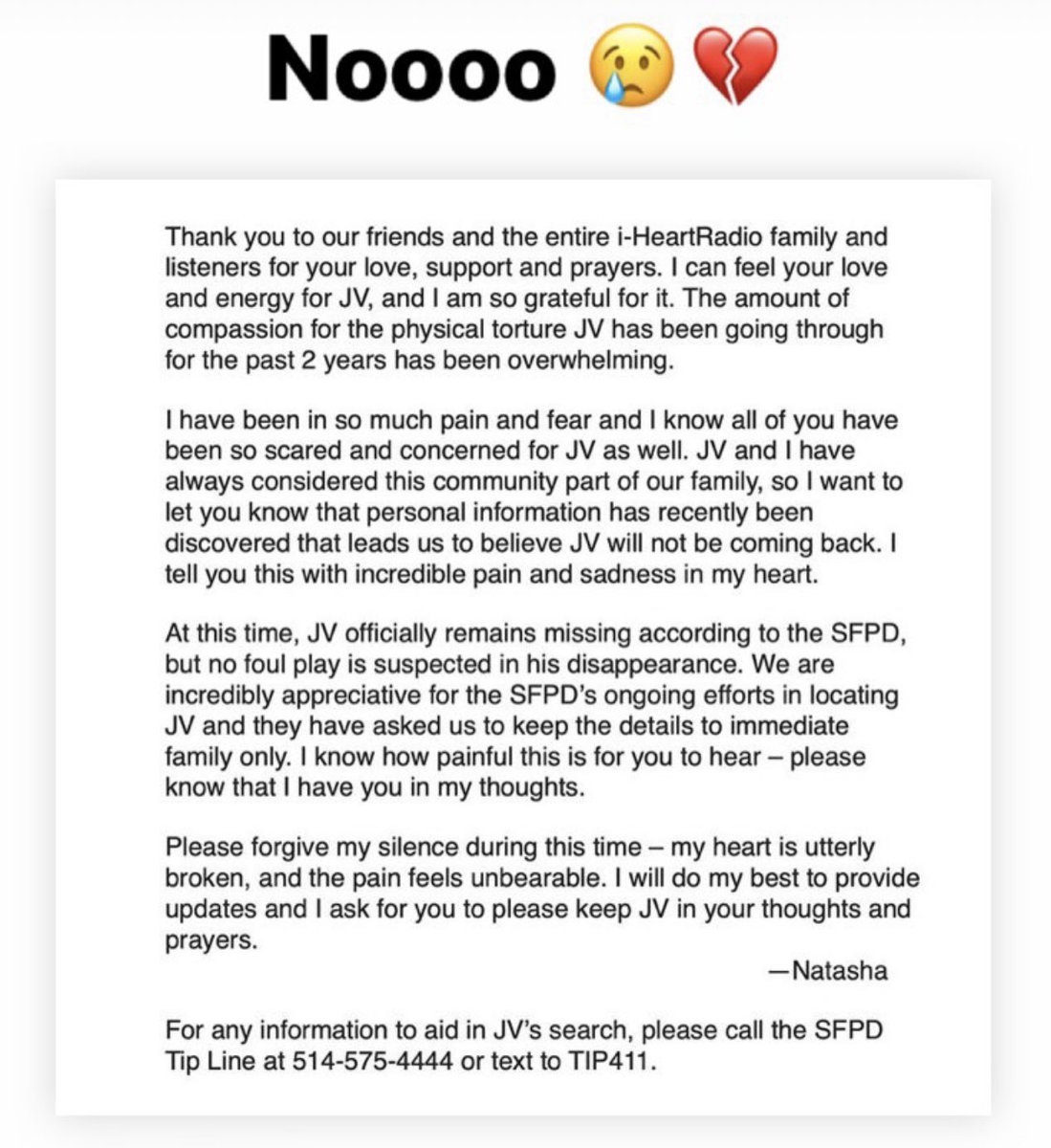 An update by JV’s wife Natasha. 💔 🙏