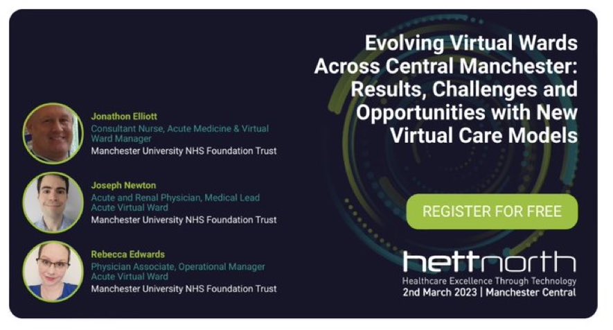 Looking forward to representing <a href="/MFT_MRI/">Manchester Royal Infirmary</a> <a href="/MFTnhs/">MFT NHS</a> today at the National HETT conference discussing our journey designing and implementing Virtual services across Central Manchester for our patients! Hospital Care at Home through innovative models of care!