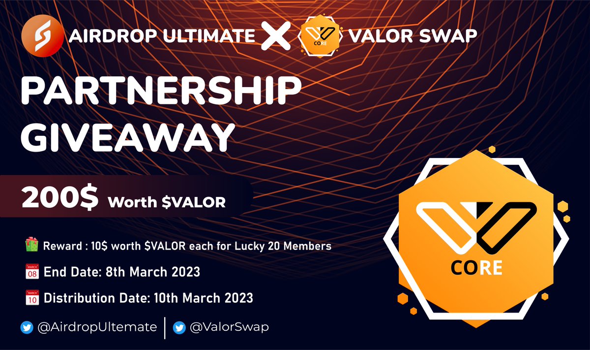 AirdropUltemate's tweet photo. New Giveaway: @ValorSwap X @AirdropUltemate 
Reward: 200$ worth $VALOR
Distribution: 10th March 

🔗Giveaway Link: https://t.co/BgXzVz0Fby

-Complete all tasks of the giveaway
-Submit your Metamask wallet address
-For 20 Random Lucky peoples
-Done

#Airdrop #Core $VALOR https://t.co/WXCivyayHH