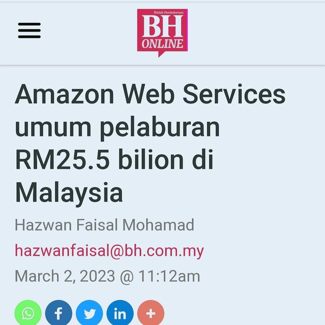 lady_bugg11's tweet photo. selepas TESLA, AMAZON pula umum pelaburan ke Malaysia RM25.5 bilion.

bertambah income dan peluang pekerjaan untuk rakyat Malaysia.

inilah keberkatan dari Tuhan kepada sebuah kerajaan mandat rakyat, kerana Tuhan tidak akan sesekali bersama dengan puak yang mengkhianat. https://t.co/f1jFBjmKFq