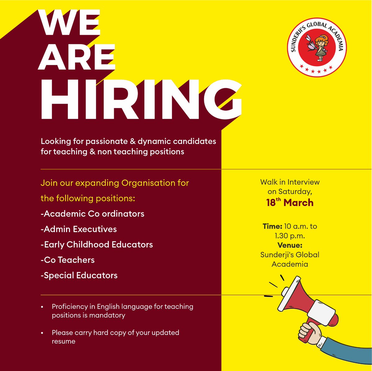 SunderjisGA's tweet photo. #Hiring
We are expanding and looking for passionate and dynamic candidates to join our Organisation.
Walk in Interviews on 18th March.
Interested candidates to carry a hard copy of their updated resume for the interview 

Click here to enquire: https://t.co/OQBTgvl9j9 https://t.co/0iqdW5vXNf
