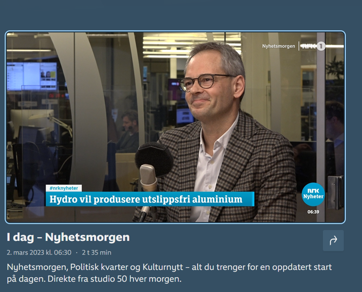 Morsomt å få kunne delta på NRK #nyhetsmorgen og snakke om banebrytende teknologi for produksjon av #aluminium uten CO2 utslipp @NorskHydroASA tv.nrk.no/serie/nyhetsmo…