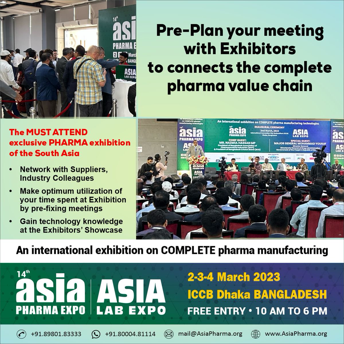 p_asiapharma's tweet photo. Pre-Plan your meeting with Exhibitors to connects the complete pharma value chain
14th ASIA PHARMA EXPO 2023
ASIA LAB EXPO 2023
Dhaka BANGLADESH
March 2 to 4, 2023
#AsiaPharmaExpo2023 #AsiaPharmaExpo #AsiaPharma #AsiaLabExpo #PharmaExpo2023 #Pharma #Bangladesh #Dhaka #event https://t.co/songdJgEbG