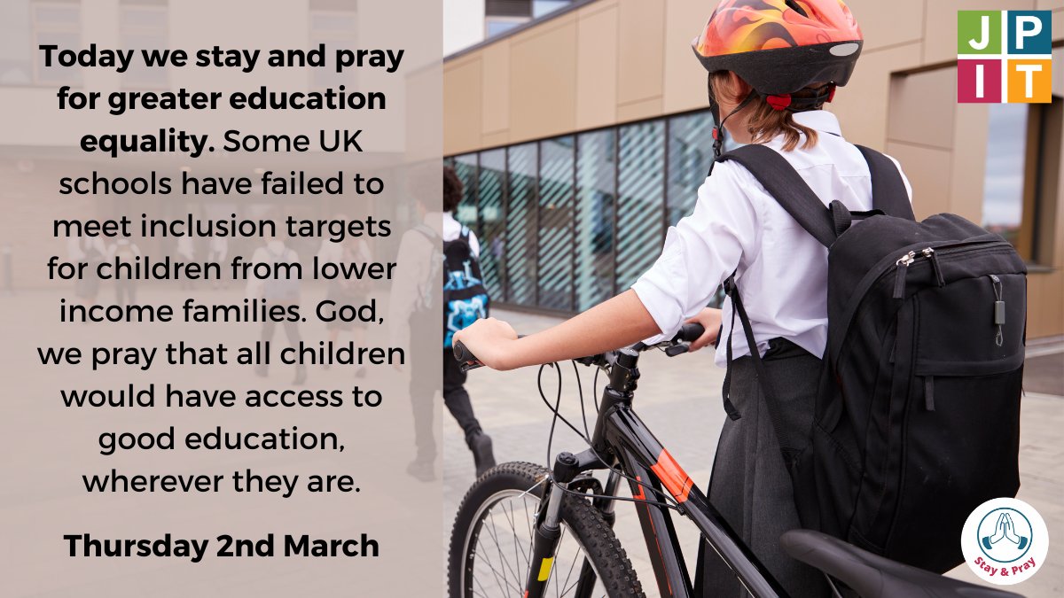 Today we #StayandPray for greater education equality. Some UK schools have failed to meet inclusion targets for children from lower income families. God, we pray that all children would have access to good education, wherever they are.