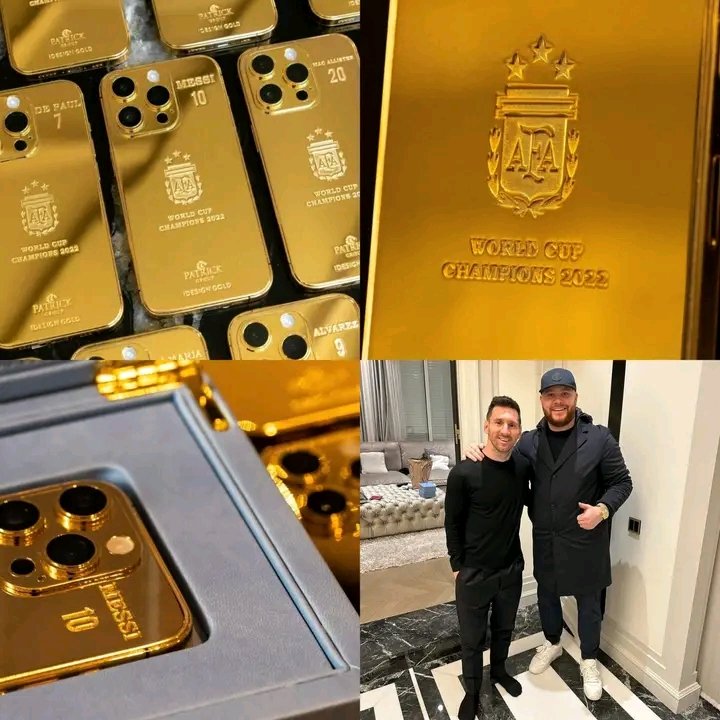 *Messi splashes out ￡175k on 35 gold iPhones for World Cup-winning squad*

LIONEL Messi splashed out £175,000 on 35 gold iPhones for his World Cup-winning team and their staff.

The Argentinian star commissioned the 24-carat devices for every member of the winning squad