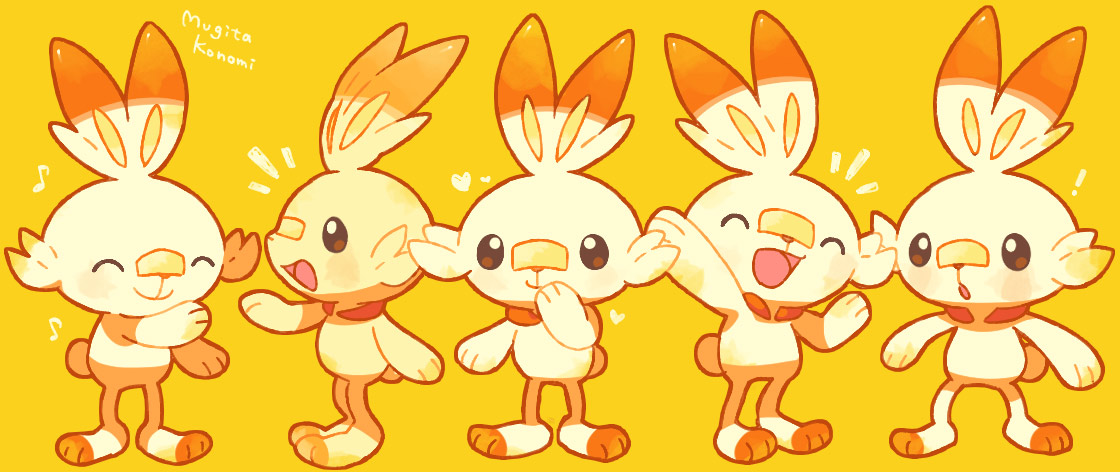 scorbunny pokemon (creature) no humans open mouth smile closed eyes standing toes  illustration images