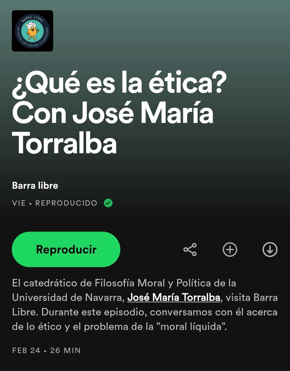 Los profesores nos sentimos reconocidos no con premios o éxitos académicos, sino al comprobar que hemos ayudado a aprender a nuestros estudiantes. Por eso, me alegró especialmente la conversación en «Barra Libre», con estudiantes de <a href="/fylunav/">Filosofía y Letras</a> y <a href="/fcomunav/">fcomunav</a>.
👉open.spotify.com/episode/0WN1sX…