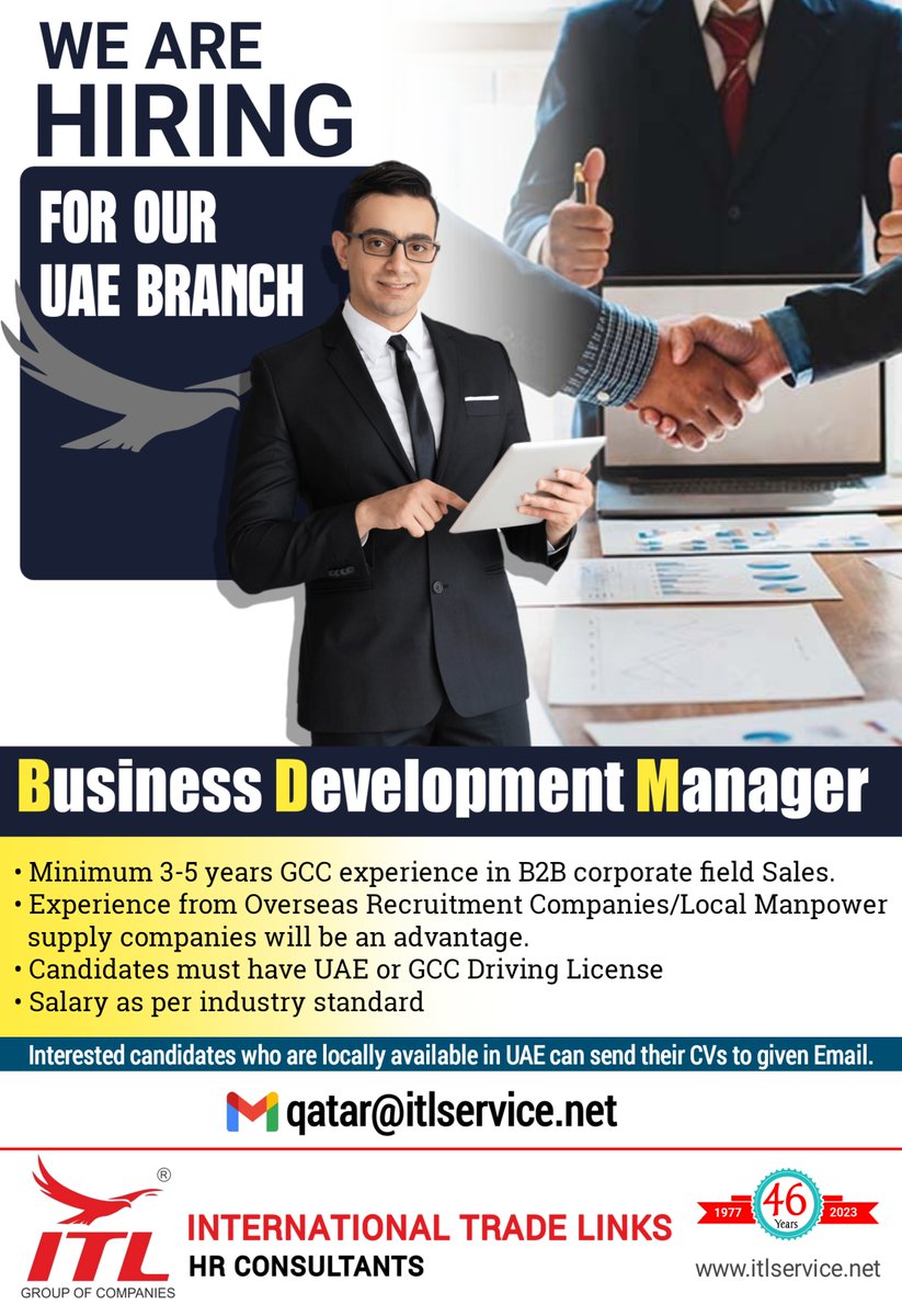 ItlJobs's tweet photo. JOB VACANCY FOR #uae

CLICK ON LINK TO APPLY JOB  https://t.co/TQYR3nbjC9

Learn more :
https://t.co/L5a1jS3E2s

#bdm #bdmjobs #bde #busniessdevelopment #marketing #manager #manpower #recruitment #overseas #itl #uaebdm #uaejobs #newjob #recruitmentjobs #consultants #consultancy https://t.co/qfjdFpmiiT