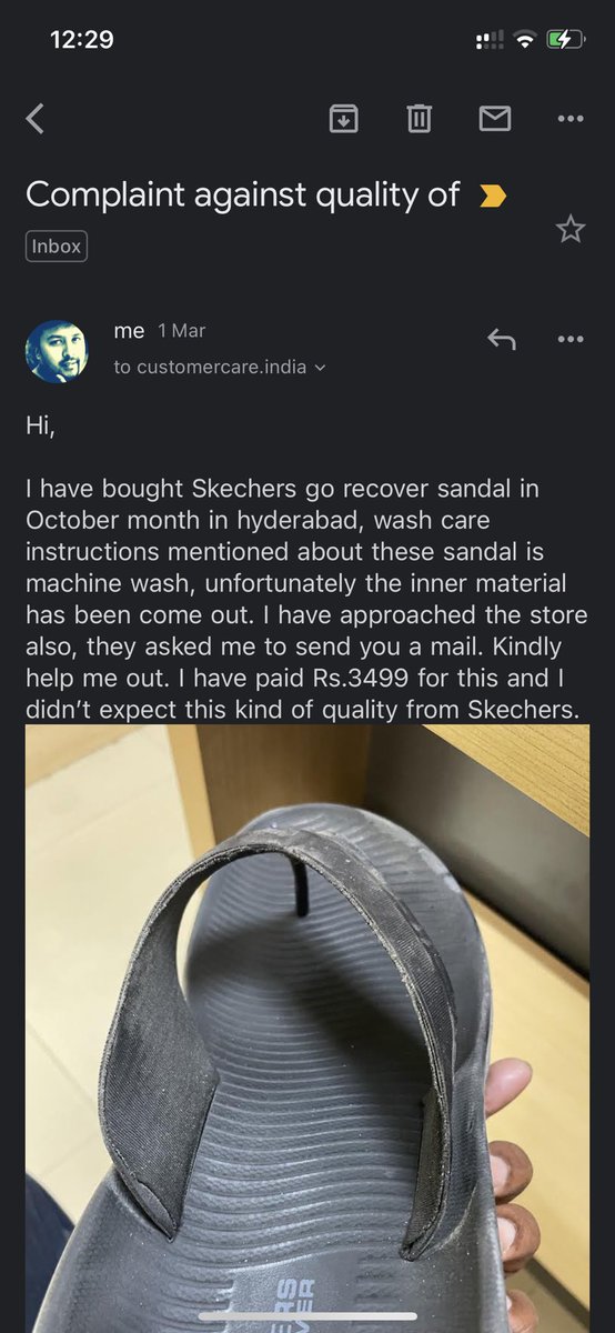 sandeepkintali2's tweet photo. People should think twice to buy Skechers #SKECHERS 

I am really disappointed with your response, the damage happened is due to regular wash. I never expected Skechers would sell a cheap quality product for a premium price tag. https://t.co/lEMZ6ec7zL