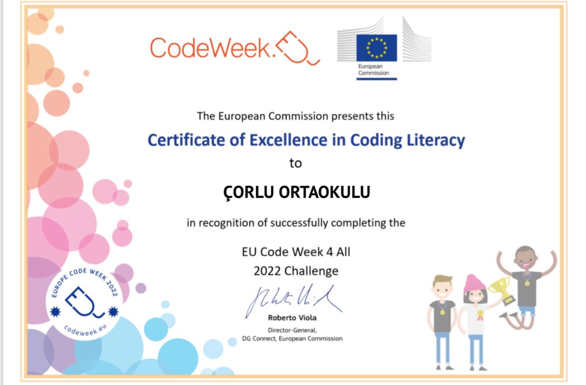 8-22 Ekim 2023 tarihlerinde düzenlenen AB kod haftasına okulumuzdan etkinlikleriyle katılan ingilizce öğretmenimiz İrem C. KANAT ve öğrencilerimiz mükemmellik sertifikası kazanmışlardır.Öğretmenimizi ve öğrencilerimizi tebrik ederiz <a href="/CodeweekTurkiye/">Code Week Türkiye</a> <a href="/CorluMem/">Çorlu Milli Eğitim Müdürlüğü</a> <a href="/tekirdagmem/">Tekirdağ İl Millî Eğitim Müdürlüğü</a>