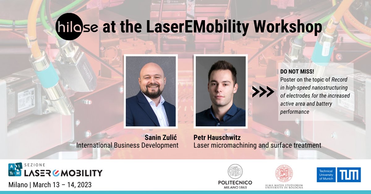 HiLASECentre's tweet photo. 🤝 Meet #HiLASIANS Sanin Zulić & @PHauschwitz at the 2023 #LaserEMobility Workshop.
➡️ https://t.co/d1ECW76jxX
@PHauschwitz has a poster #presentation #Record in high-speed #nanostructuring of electrodes for the increased active area and battery performance, #Enjoy #HiLASE https://t.co/qH4YEnasN8