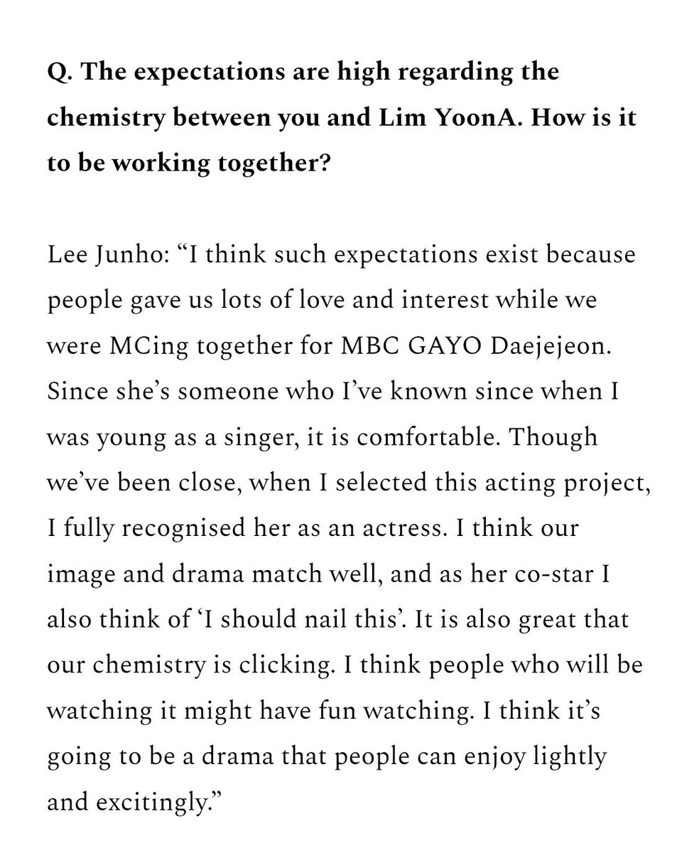ordinarynojaem's tweet photo. Junho mentioned YoonA in his latest interview regarding how it is to be working together through ‘King the Land’.

“Though we’ve been close, when I selected this acting project, I fully recognised her as an actress. As her co-star I also think of ‘I should nail this’.” https://t.co/Sm4OigRtQN