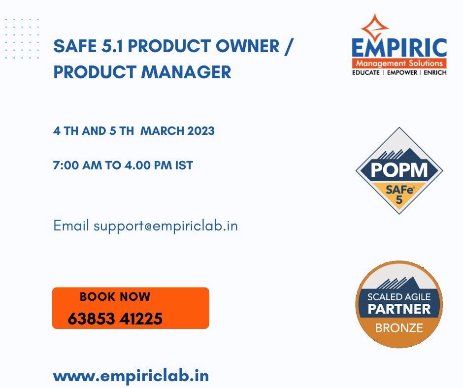 EmpiricManagem1's tweet photo. SAFe 5.1 Product Owner/Product Manager Certification Training, to register call +91 63853 41225,email support@empiriclab.in, https://t.co/FKWFZaqDcx
#SAFe #Productivity #productowner #SAFepopm #productmanager #popm #productdesign #Training #Online #certification @KotiBhavanam https://t.co/tgSiirgtY9
