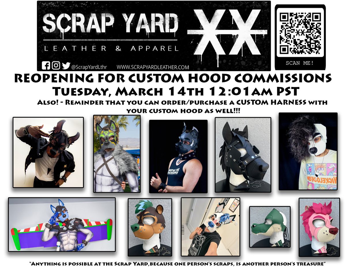 ANNOUNCEMENT: UPCOMING CUSTOM HOOD REOPENING!

We are excited to announce that we will be REOPENING for CUSTOM HOOD COMMISSIONS (able to add CUSTOM HARNESS to ur order as well) on TUES, MARCH 14TH at 12:01 AM PST

Follow us for updates: linktr.ee/scrapyardlthr

#scrapyardlthr