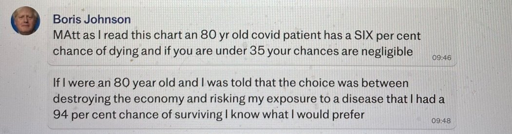 And there it is. Boris Johnson arguing that people over 80 would rather risk their lives than damage the economy.