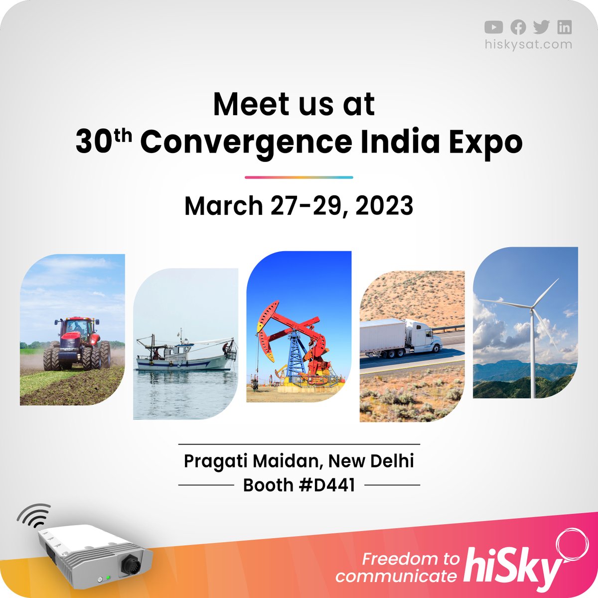 hiSkysat's tweet photo. The hiSky team will be exhibiting our network and products at the 30th India Convergence Expo, in New Delhi.
Visit us at booth #D441 in the 5th hall and explore our satellite IoT networks, enabling businesses, people, and machines the freedom to connect from any device, anywhere. https://t.co/SEkx4GGT7M