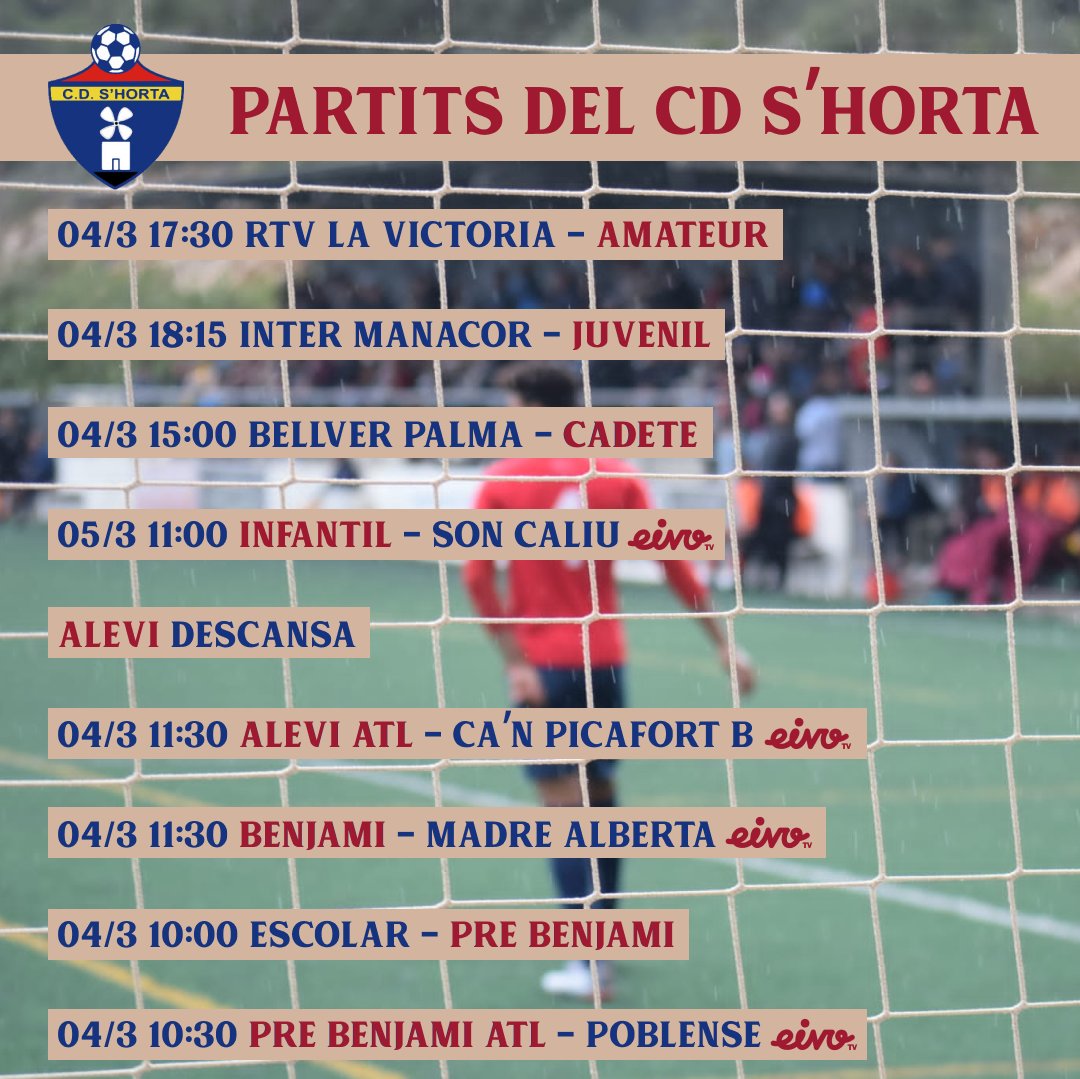 📢 𝐏𝐀𝐑𝐓𝐈𝐓𝐒 𝐃𝐄𝐋 𝐂𝐀𝐏 𝐃𝐄 𝐒𝐄𝐓𝐌𝐀𝐍𝐀

⚽ Fins a 4 partits es disputen a Sa Lleona aquest cap de setmana

😴 L'Aleví descansa

📺 Els partits de casa son retransmesos per Eivo TV

#TotAlVermell♦