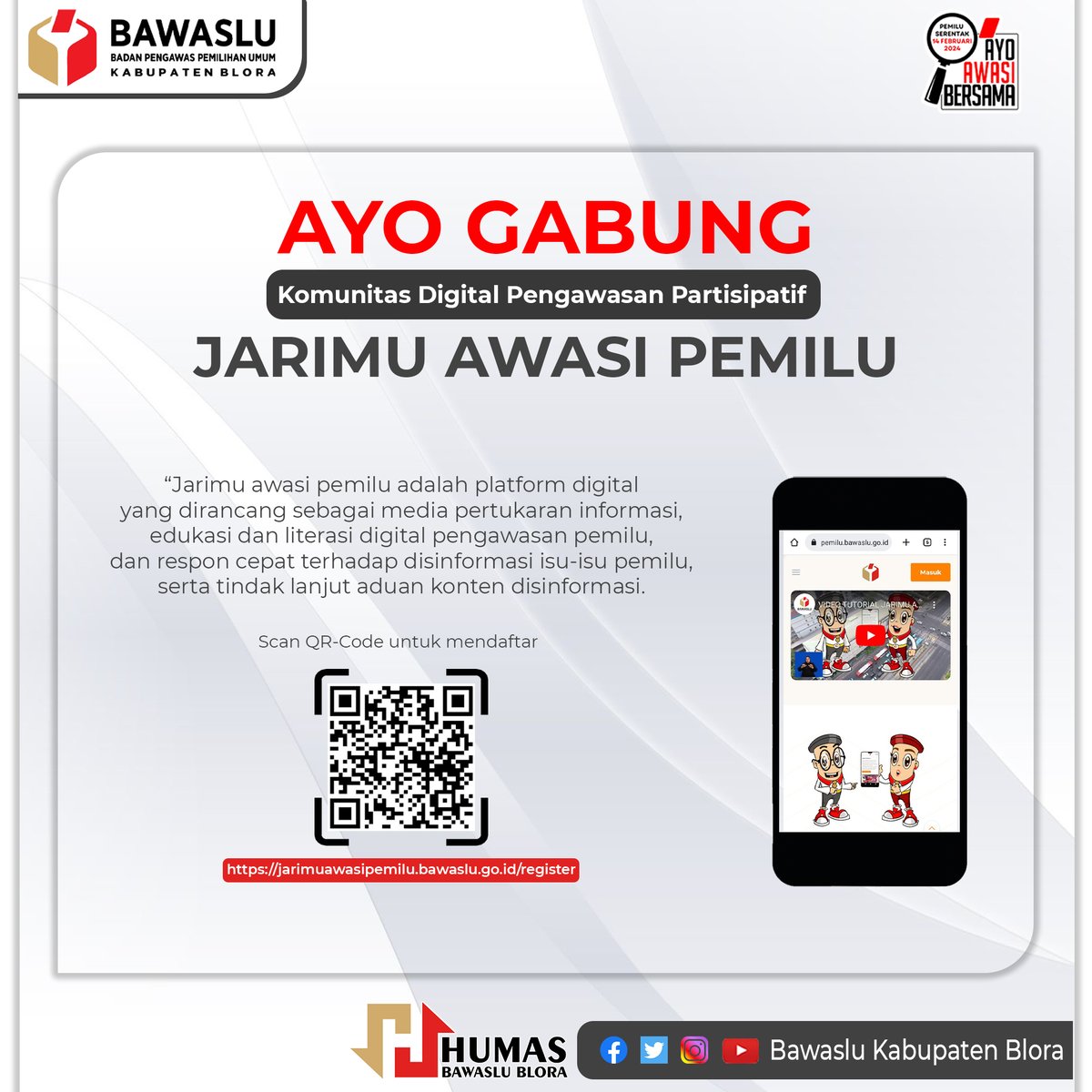 #SahabatBawaslu, ayo bergabung dalam Komunitas Digital Pengawasan Partisipatif ‘Jarimu Awasi Pemilu’. Platform ‘Jarimu Awasi Pemilu’ ini dirancang sebagai media pertukaran informasi,