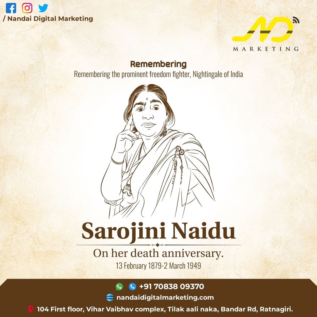 DigitalNandai's tweet photo. “Remembering the prominent freedom fighter, Nightingale of India Sarojini Naidu On her death anniversary.” 🙏💐💐
.
.
.
#sarojininaidu #india #history #freedomfighter #nightingaleofindia #deathanniversary #nandaidigitalmarketing #ndmarketing #marketingagency #NDmarketing https://t.co/l7DgdBy1fk