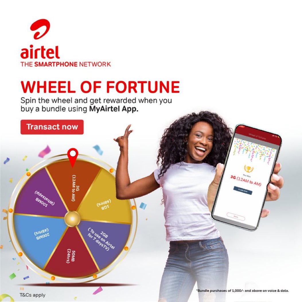 Good morning beautiful people ❤️ 
Did you know that when you buy a bundle with my Airtel App you can win big ?? 
All you have to do is to spin the wheel and get rewarded big 
Download the app 📌airtelafrica.onelink.me/cGyr/qgj4qeu2

#MyAirtelApp
#AirtelWheelOfFortune. @Airtel_Ug