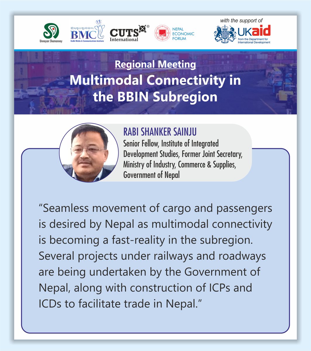 CUTS M-Connect Project (@cuts_mconnect) on Twitter photo Happening Now⬇️
#Regional #Meeting on #Multimodal #Connectivity in the #BBIN #Subregion
Join at: us06web.zoom.us/j/82291693356?…
#MConnect
<a href="/bc_cuts/">Bipul Chattopadhyay</a> <a href="/unsy_org/">Unnayan Shamannay</a> <a href="/NEFNepal/">Nepal Economic Forum</a> <a href="/Bhutan_MCI/">BMCI</a> <a href="/FCDOGovUK/">Foreign, Commonwealth & Development Office</a> <a href="/Clement_Kuan/">Kuancheng Huang</a> <a href="/SecyP2DS/">Dr A Didar Singh</a> <a href="/BimstecInDhaka/">BIMSTEC</a> <a href="/ADB_HQ/">Asian Development Bank</a> <a href="/sasecprogram/">SASEC</a> <a href="/LPAI_Official/">Land Ports Authority of India</a> <a href="/IWAI_ShipMin/">IWAI</a> Happening Now⬇️
#Regional #Meeting on #Multimodal #Connectivity in the #BBIN #Subregion
Join at: us06web.zoom.us/j/82291693356?…
#MConnect
<a href="/bc_cuts/">Bipul Chattopadhyay</a> <a href="/unsy_org/">Unnayan Shamannay</a> <a href="/NEFNepal/">Nepal Economic Forum</a> <a href="/Bhutan_MCI/">BMCI</a> <a href="/FCDOGovUK/">Foreign, Commonwealth & Development Office</a> <a href="/Clement_Kuan/">Kuancheng Huang</a> <a href="/SecyP2DS/">Dr A Didar Singh</a> <a href="/BimstecInDhaka/">BIMSTEC</a> <a href="/ADB_HQ/">Asian Development Bank</a> <a href="/sasecprogram/">SASEC</a> <a href="/LPAI_Official/">Land Ports Authority of India</a> <a href="/IWAI_ShipMin/">IWAI</a>