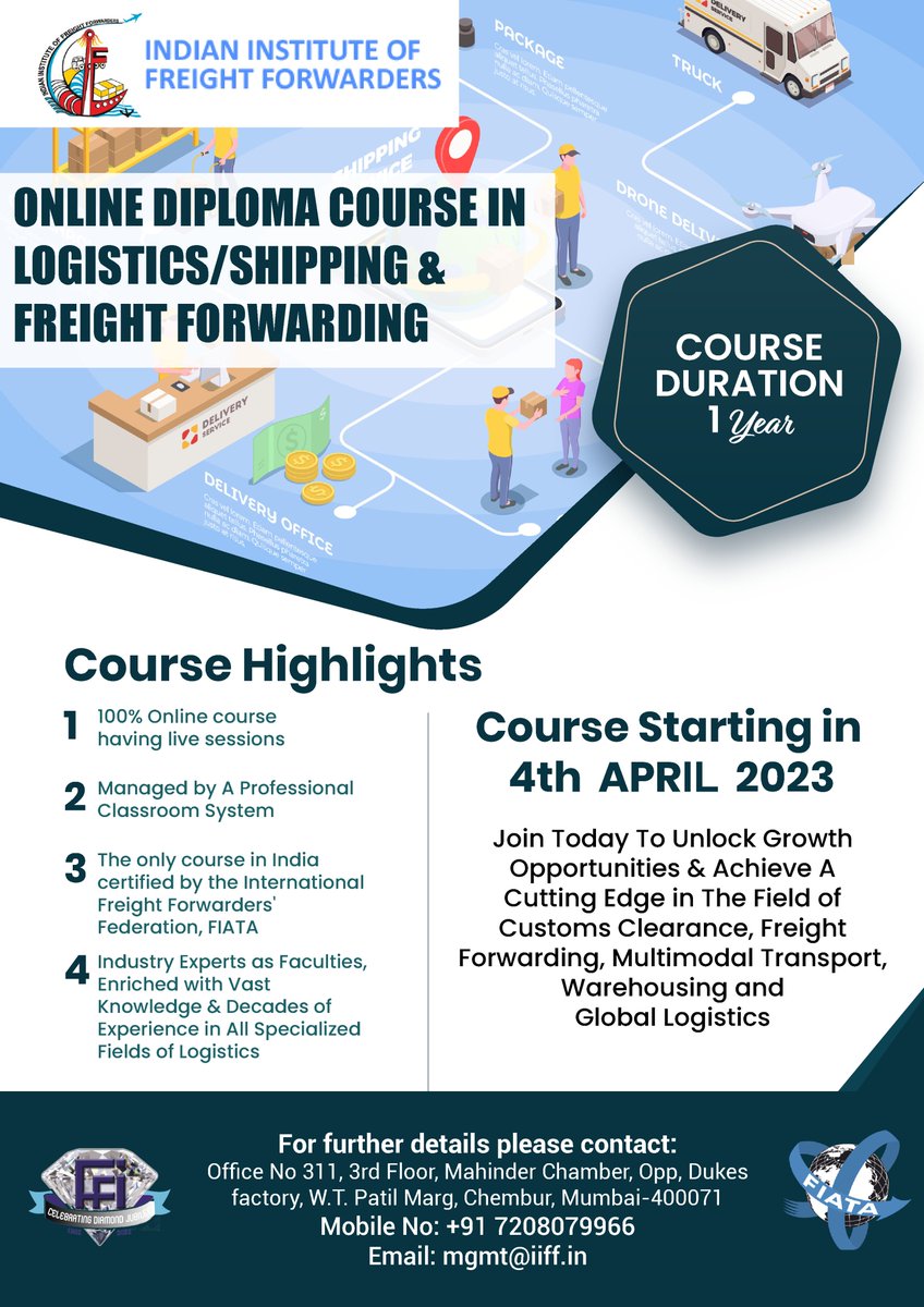 FFFAI_INDIA's tweet image. Indian Institute of Freight Forwarders, a training arm of FFFAI, is coming up with an online Diploma course in Logistics / Shipping &amp;amp; Freight Forwarding. It is a one year course, commencing from 4th April, 2023. 
#fffai #iiff #Diplomacourse #Logistics #Cargo #course #cargocourse