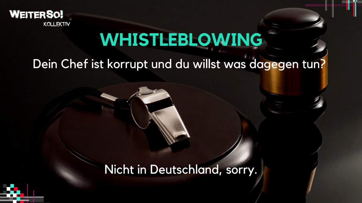 Dein Chef ist korrupt & du willst was dagegen tun? Nicht in Deutschland, sorry.

Erst kürzlich blockierte die @CDU das eigentlich schon beschlossene Gesetz zum Schutz von Whistleblower*innen im Bundesrat.

Wer profitiert? Die, die etwas zu verbergen haben. #Hinweisgeberschutz
🧵