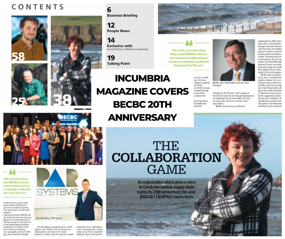 Great to see the media coverage of BECBC and its 20th anniversary  in In-Cumbria magazine this month! We enjoyed working with the cluster's team and In-Cumbria reporter, Bridget Dempsey, and editor, Sue Riley. Thank you for this great piece!
