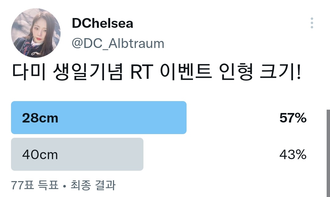 다미 생일 기념 RT 이벤트!
투표 결과 28cm로 결정했습니다!
당첨자는 7분이구 참여조건은 국내 배송 가능하신 분, 인썸니아!! 2개입니다!(팔로워x)
원활한 추첨 위해서 RT 해주신 분들 중에 조건에 부합하신 분들은 제가 팔로우 걸 예정이라 양해부탁드려요!
기간은 오늘부터 3월 7일까지입니다!
#RT