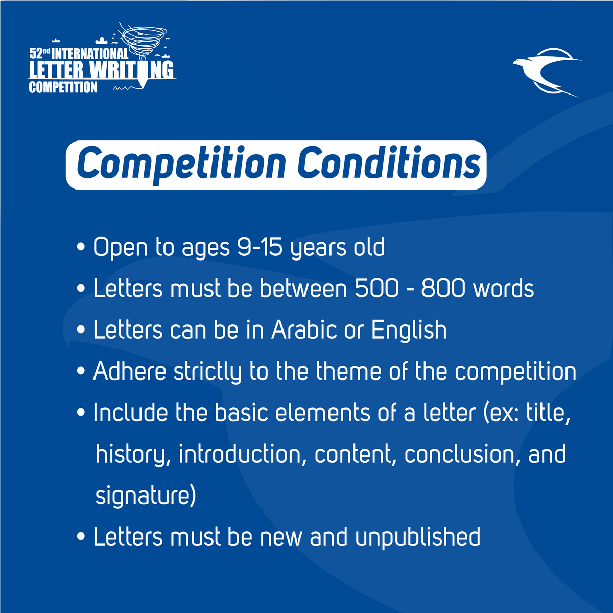 EmiratesPostUAE's tweet image. If you're a talented young writer and you meet these conditions, you should participate now in the 52nd International Letter-Writing competition  ✍️

#EmiratesPost #ILWC #RoadSafety #Competition #Competition