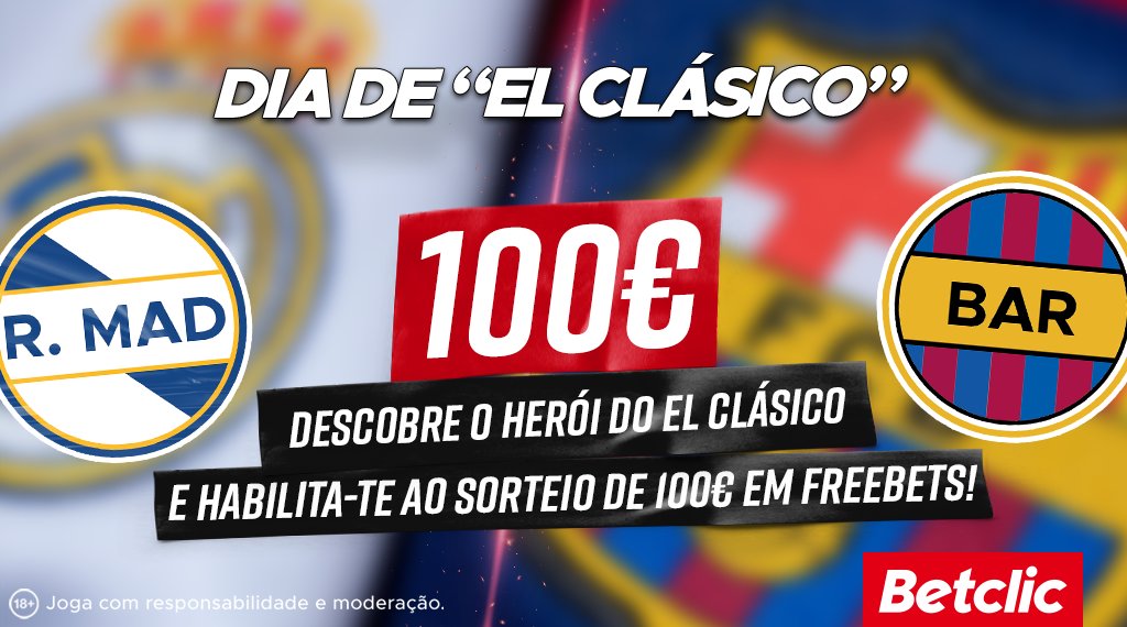 ⚪🔵 QUEM SERÁ O HERÓI DO EL CLÁSICO? 🔴🔵 Se o teu jogador marcar, habilitas-te ao sorteio de 10€ em Freebets para 10 pessoas!

- Dá RT + Like
- Comenta com #BetclicElClásico + Username Betclic

Termina às 20h00.
Pago dia 3 de março.