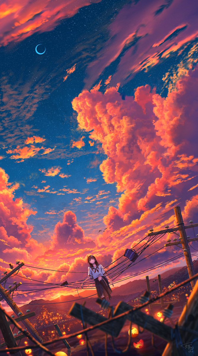 1girl sky cloud solo outdoors scenery crescent moon  illustration images